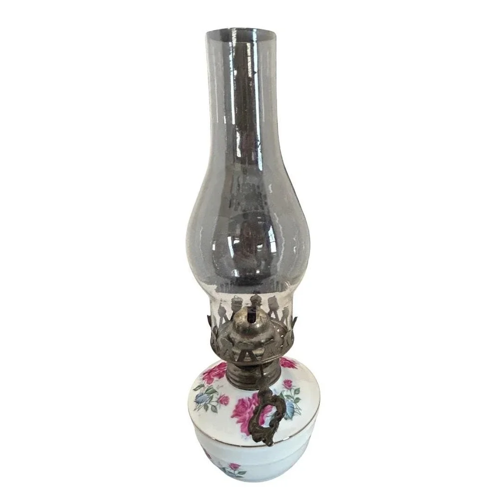Vintage Floral Porcelain Oil Lamp -Pink Rose Transferware Kerosene Lamp
